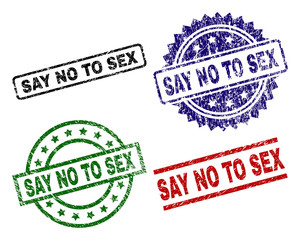 SAY NO TO SEX seal prints with corroded surface. Black, green,red,blue vector rubber prints of SAY NO TO SEX label with corroded style. Rubber seals with round, rectangle, rosette shapes.