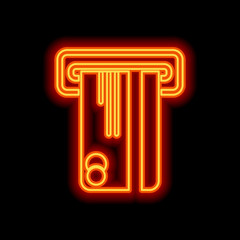 ATM machine and credit card icon. Orange neon style on black bac
