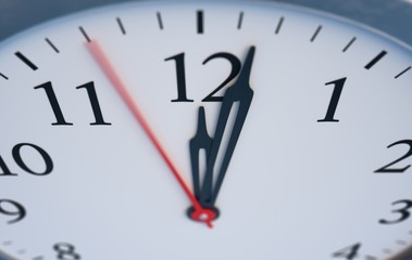 Deadline and time concept. Close up view on clock showing twelve hours. 3D rendered illustration.
