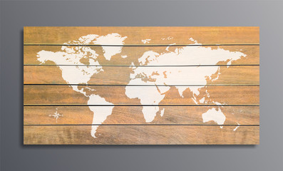 world map on a background texture of wooden planks on grey wall. stock vector illustration eps10