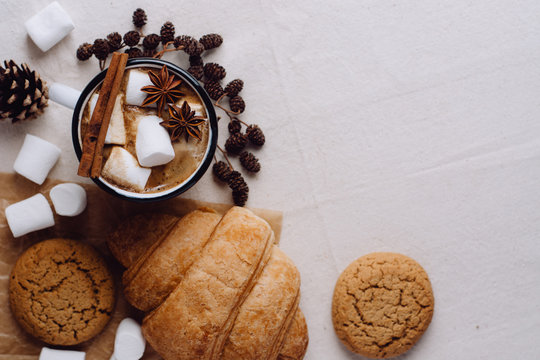 Winter And Autumn Hot Drink. Hot Chocolate Or Cocoa With Marshmallow , Cookies And Spices On White Background.