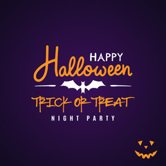 Fototapeta premium Halloween party flyer design. Text Happy Halloween and Trick or Treat with bat silhouette. Vector illustration..