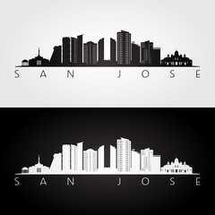 San Jose, Costa Rica skyline and landmarks silhouette, black and white design, vector illustration. - obrazy, fototapety, plakaty
