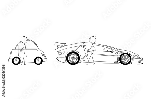 Cartoon Stick Drawing Conceptual Illustration Of Comparison Of Two Men Or Businessmen Successful And Rich Man Owns Expensive And Luxury Super Sport Car Poor Guy Owns Small And Cheap Car Business Wall