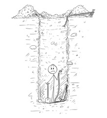 Cartoon stick drawing conceptual illustration of man trapped alone down on the bottom of deep and huge hole in the ground he dig, most likely as water well.The rope connecting with ground level is