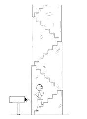 Cartoon stick drawing conceptual illustration of man or businessman walking up the stairs. Empty arrow sign is pointing at the direction.Business concept of career and success.
