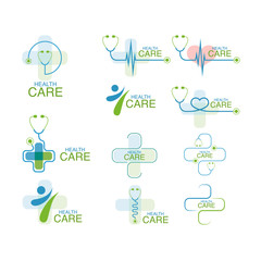 Set of health care logo vector design elements with phonendoscope icon