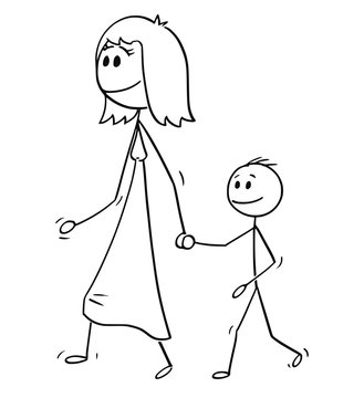 Cartoon stick drawing conceptual illustration of Mother walking with son and holding his hand.