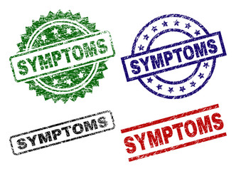 SYMPTOMS seal stamps with distress surface. Black, green,red,blue vector rubber prints of SYMPTOMS text with grunge surface. Rubber seals with circle, rectangle, medallion shapes.