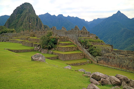Stunning Ancient Inca Structures Inside Machu Picchu, UNESCO World Heritage Site in Cusco Region of Peru 