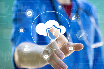 Doctor pushing button cloud security shield virus virtual heart pulse healthcare network.