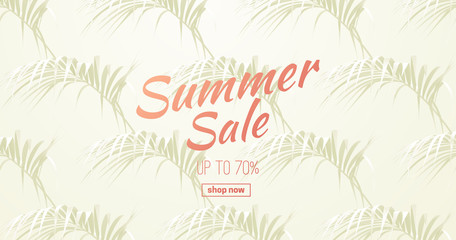 Summer sale banner with palm leaves. Vector botany illustration. Summer floral pattern. Jungle or rainforest cover design. Creative poster design with plants. Seasonal discount event sign