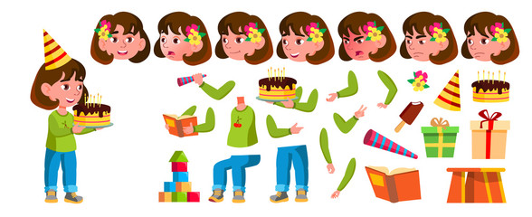 Girl Kindergarten Kid Vector. Animation Creation Set. Face Emotions, Gestures. Preschool, Childhood. Smile. Toys. For Advertisement, Greeting, Announcement Design. Animated. Isolated Cartoon