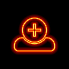 doctor, person with medical cross. Orange neon style on black ba