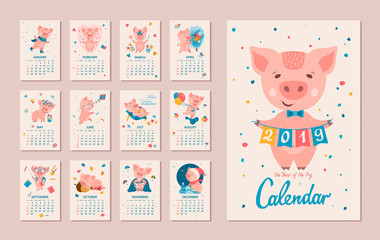 Monthly Calendar. Pig is a symbol of the Chinese 2019 New Year. Cute cartoon piggy in different situations. Week starts on monday. Vector illustration