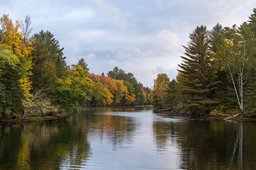 Fototapeta na wymiar River during the fall on a cloudy day in Muskoka, Ontario, Canada.