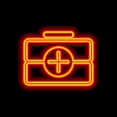 first-aid kit, outline symbol. Orange neon style on black backgr