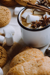 Winter and autumn hot drink. Hot chocolate or cocoa with marshmallow , cookies and spices on white background.