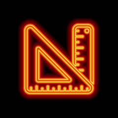 Fototapeta na wymiar simple ruler and triangle. Orange neon style on black background