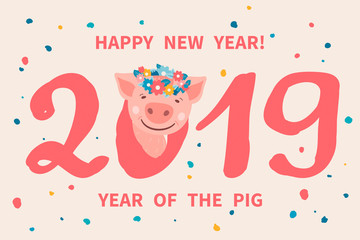 Greeting card with cute cartoon piggy with a flower wreath on his head. Pig is a symbol of the 2019 Chinese New Year. Vector illustration
