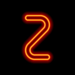 Naklejka premium Number two, numeral, simple letter. Orange neon style on black b