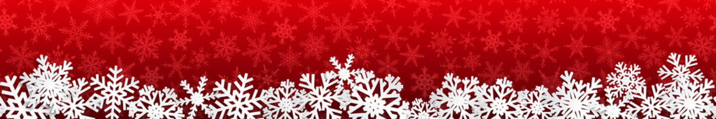 Christmas seamless banner with white snowflakes with shadows on red background