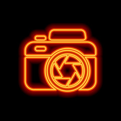 Photo camera with shutter, simple icon. Orange neon style on bla