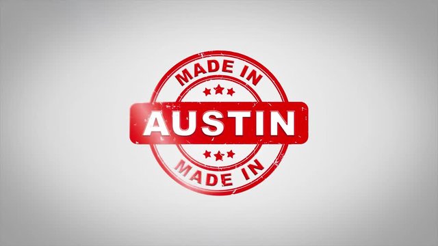 Made in AUSTIN Signed Stamping Text Wooden Stamp Animation. Red Ink on Clean White Paper Surface Background with Green matte Background Included.