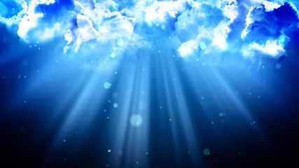 Worship and Prayer based cinematic clouds and light rays background useful for divine, spiritual, fantasy concepts. - obrazy, fototapety, plakaty