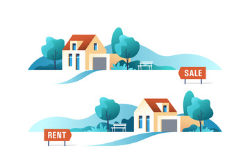 Real estate business concept with suburban houses. Vector illustration.