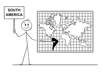 Cartoon stick drawing conceptual illustration of man holding a sign and using pointer and pointing at South America continent on big wall world map.