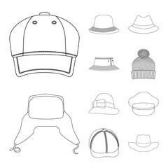 Vector illustration of headwear and cap logo. Collection of headwear and accessory stock symbol for web.