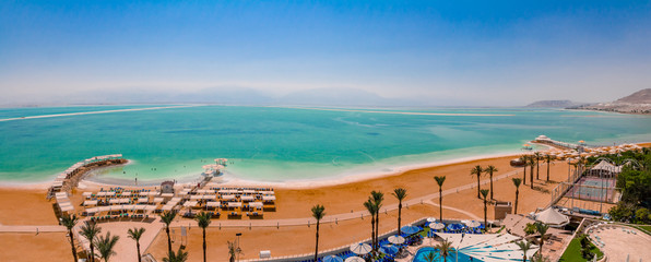 Aerial panorama view of the Dead Sea beach area of Ein Bokek resort in Israel