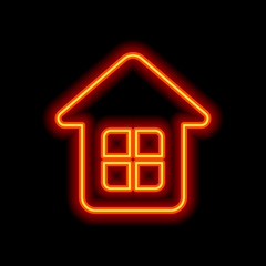 Simple house icon. Orange neon style on black background. Light