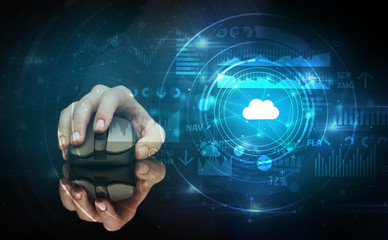 Hand using wireless mouse with cloud technology concept and dark background