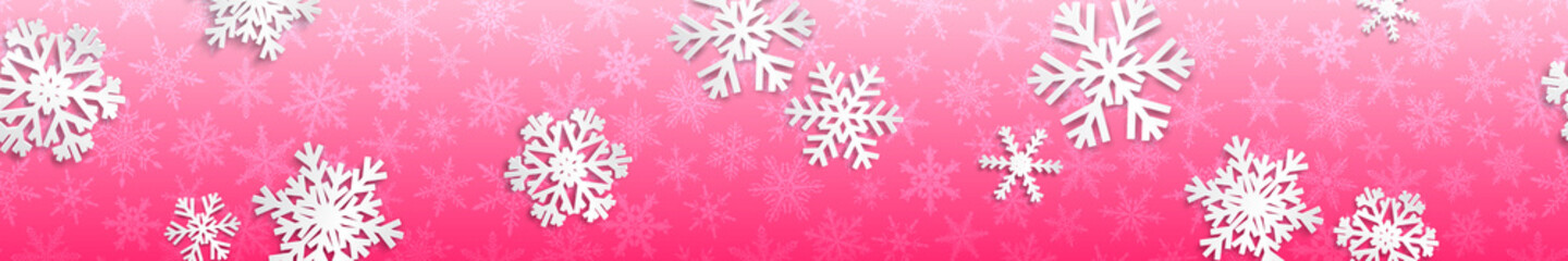 Naklejka na ściany i meble Christmas seamless banner with white snowflakes with shadows on pink background