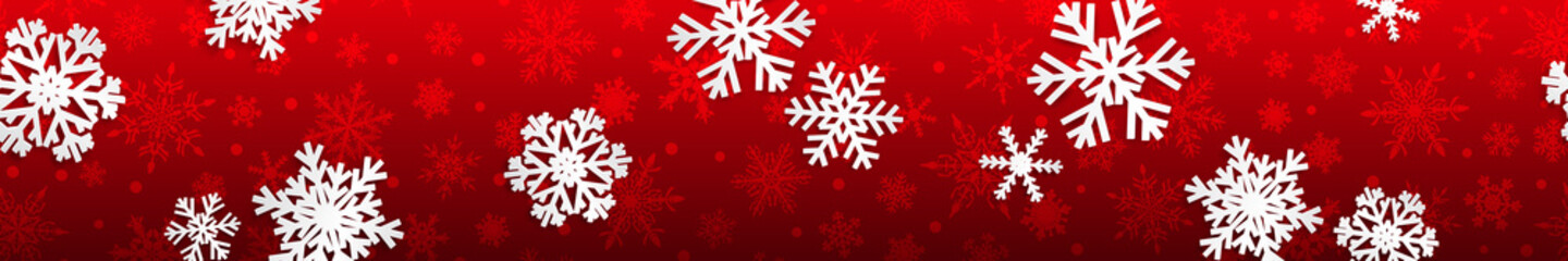Naklejka na ściany i meble Christmas seamless banner with white snowflakes with shadows on red background