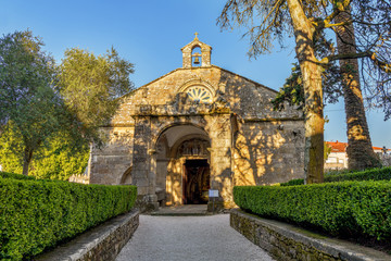 View of Church of Santa Maria de Nova that houses historic tombstone museum in Noia, Galicia, Spain.