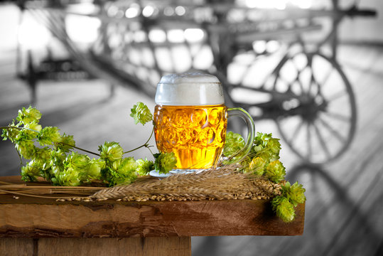 Still life with beer,hops and barley in the old barn