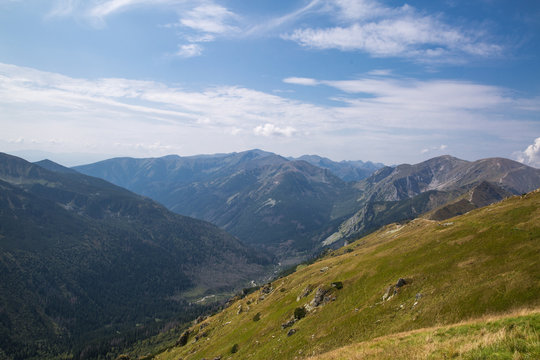 Tatra National Park, Poland. Pamoramic view of mountains landscape. Zakopane, Park Narodowy Wysokie Tatry. High Tatras. Świnicka (Svinica) Przełęcz (Swinica Pass) i Kasprowy Wierch (Kasper Peak).