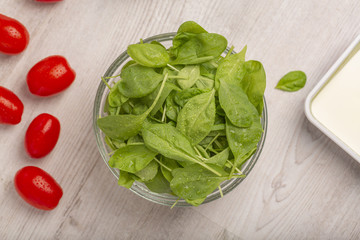 Fresh spinach leaves, tomatoes and other salad ingredients on a light background