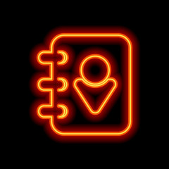 address book with man symbol on cover. Orange neon style on blac