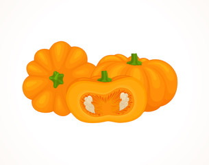 Banner with a whole and a half of pumpkin. The symbol of Thanksgiving and Halloween. Vector still life with pumpkin.