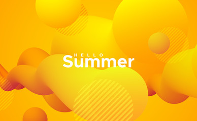 Hello Summer. Abstract 3d colorful shapes. Vector artistic seasonal illustration. Vibrant color gradient stream or cloud. Liquid blended fluids. Creativity concept. Visual communication poster design