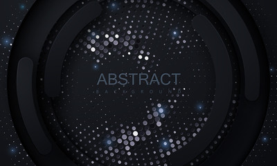 Obraz premium Black paper cut background. Abstract realistic papercut decoration textured with silver halftone pattern. 3d backdrop. Carving art. Vector illustration. Cover layout template. Material design concept