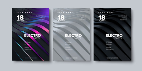 Electronic music festival advertising poster. Modern club electro party invitation. Vector illustration with 3d abstract ribbon background. Dance music event cover