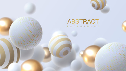 Falling white and golden soft spheres. Vector realistic illustration. Abstract background with 3d geometric shapes. Modern cover design. Ads banner template. Dynamic wallpaper with balls or particles