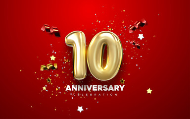 10th Anniversary celebration. Golden numbers with sparkling confetti, stars, glitters and streamer ribbons. Vector festive illustration. Realistic 3d sign. Party event decoration