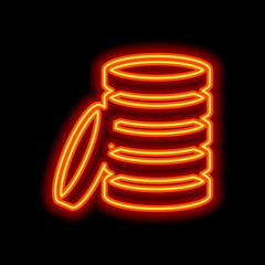 Coin stack icon. Orange neon style on black background. Light ic