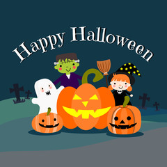 Kids Halloween Costumes, witch, zombie and ghost. Happy Halloween background.